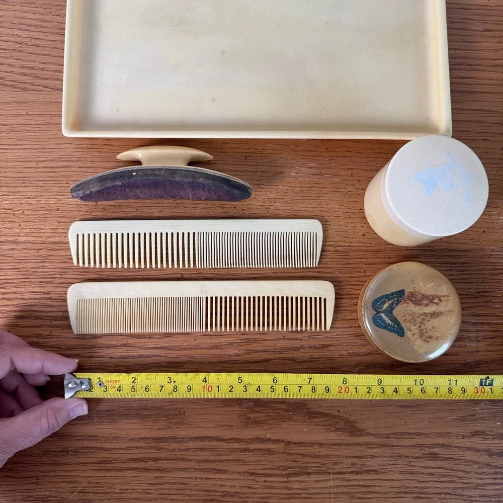 Vintage French Ivory Celluloid Vanity Set Tray Combs Buffer Jar‎ Butterfly 6pc